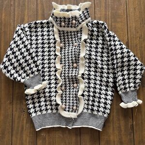 Black and White Houndstooth Sweater with Pearl Buttons
